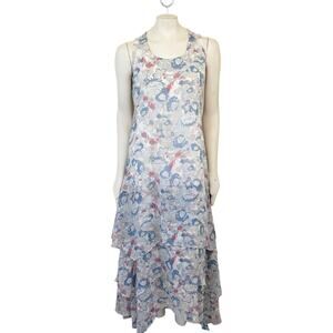 VTG Asian Florals Flying Crane Print Tiered Chiffon Crepe Maxi Dress  SZ 8